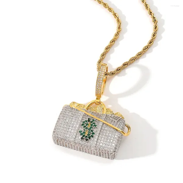 Pendentif Colliers Bling Dollar Sac Glacé Plein Collier De Zircone Cubique Avec Chaîne De Tennis Pour Hommes Femmes Hip Hop Bijoux