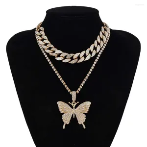 Pendentif Colliers Bling Glacé Strass Papillon Charme Pendentifs Chaîne Cubaine Pierre T-show Double Pour Hommes Femmes Hip Hop Cou Bijoux