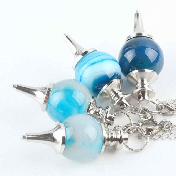 Pendentif Colliers Blue Agate Pierre Ball Point Chakra Guérison Reiki Pendule Métaphysique avec ChainPendant