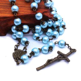 Hanger Kettingen Blauw Bronzen Kleur Glas Bead Rozenkrans Kralen Ketting Jesus Kruis voor Vrouwen Religieuze Katholieke Sieraden Geschenken