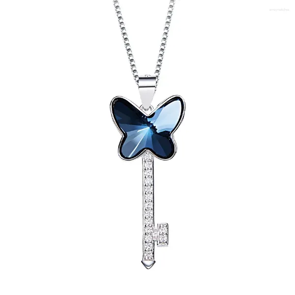 Collares colgantes Llave de mariposa azul Collares de color plateado Cristales de Austria Joyería de moda para mujeres Fiesta Día de la madre