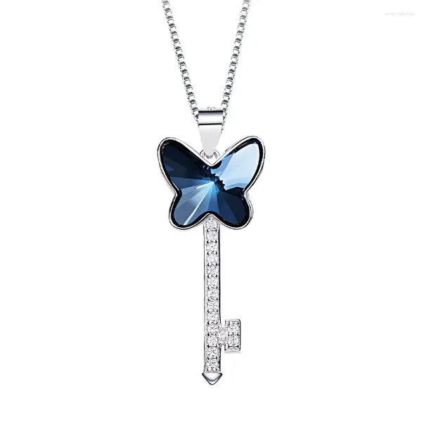 Pendentif Colliers Bleu Papillon Clé Argent Couleur Colliers Cristaux D'Autriche Bijoux De Mode Pour Les Femmes Fête Fête Des Mères