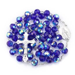 Pendentif Colliers Perles de cristal bleu Rosaire Collier Jésus Christ Crucifix Croix longue pour les chrétiens religieux Mère CadeauPendant
