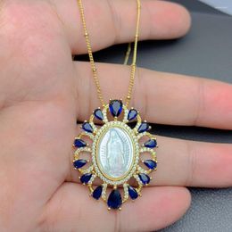 Pendentif Colliers Bleu Cristal Zircon Naturel Coquillage Médaille Collier Religieux Sacré Guadalupe Bijoux Pour Femmes Cadeaux