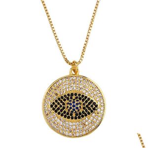 Pendentif Colliers Blue Evil Eye Collier Designer Rond Glacé Pendentif Bijoux Cristal Diamant Sier Plaqué Or Zircon Tour De Cou Femmes Dhgcc