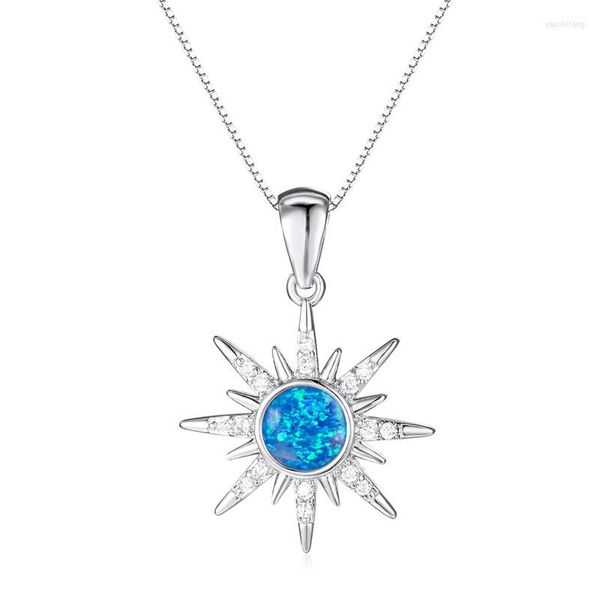 Pendentif colliers bleu opale de feu ronde pierre collier mode flocon de neige or Rose argent couleur chaîne pour femmes bijoux