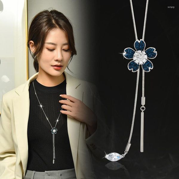 Pendentif Colliers Fleur Bleue Long Collier Cristal Femmes 2023 Mode Argent Couleur Chandail Chaîne Gouttes Maxi Pendentifs Kolye Collier