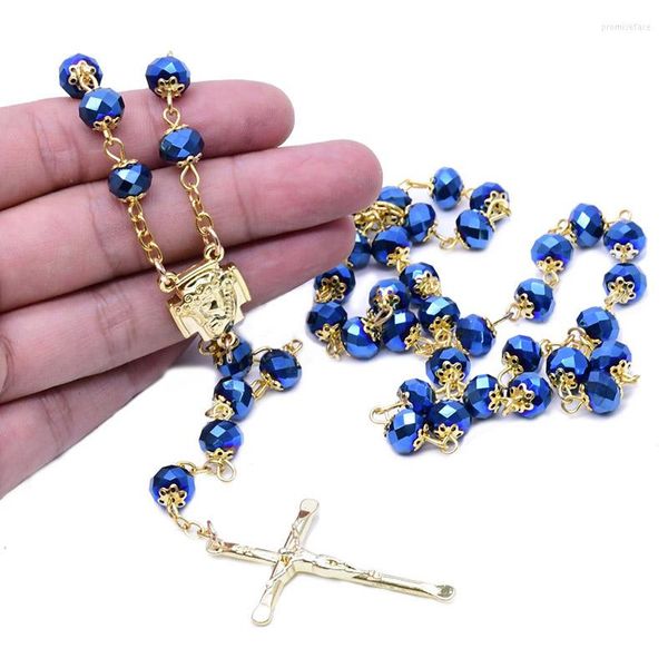 Collares pendientes Cristal azul Rosario Cuentas Collar Jesús Cruz Para Mujeres Religiosa Católica Oración Bendición Joyería Regalos