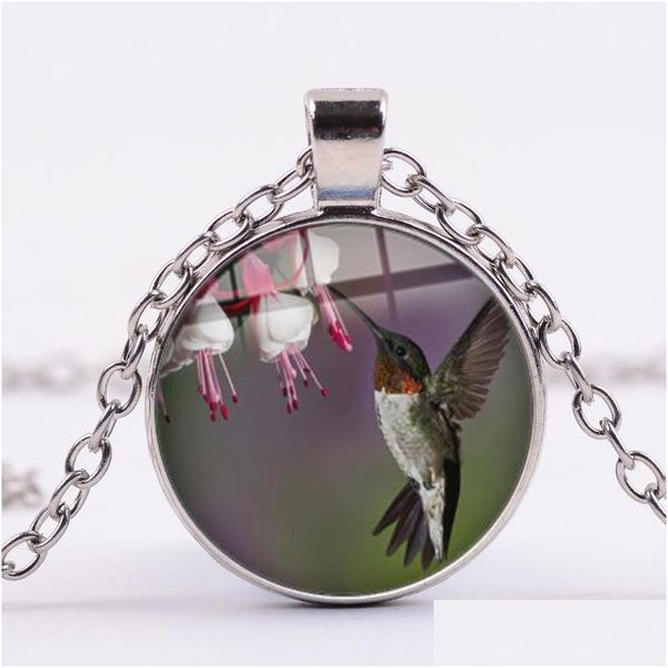 Pendentif Colliers Colibri Bleu Cueillir Miel Collier Colorf Oiseau Art Fleur Photo Verre Dôme Pendentifs Ronds Bel Animal Bijou Dhzht