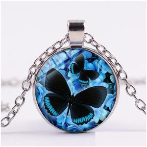 Collares pendientes Azul Púrpura Magia Mariposa Collar Beautif Insecto Flores Gema de cristal Cadena larga Joyería hecha a mano Entrega de la gota Pend Dh1J7