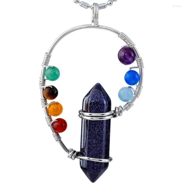 Pendentif Colliers Pierre De Sable Bleu Point Hexagonal Charmes 7 Chakra Perles Ficelle Argent Couleur Métal Arc Collier De Guérison