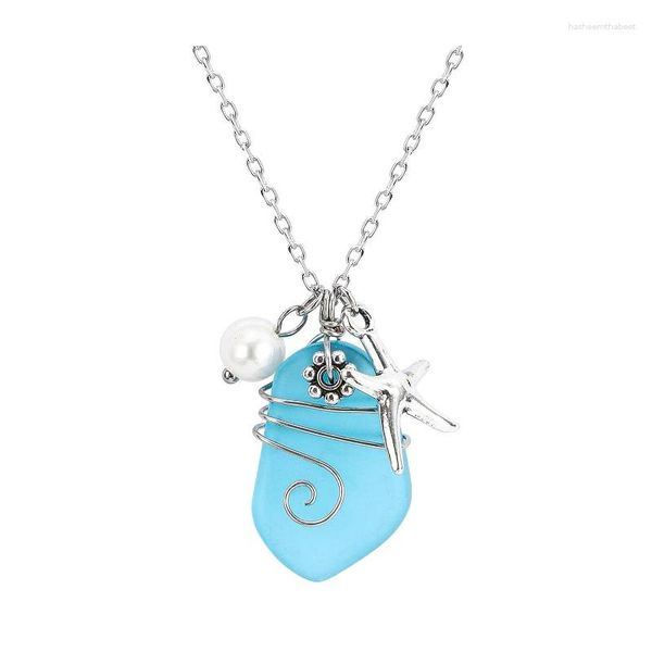 Collares colgantes Collar de playa de cristal de mar azul con alambre de estrella de mar envuelto hecho a mano regalos de océano hawaiano joyería para mujeres niñas