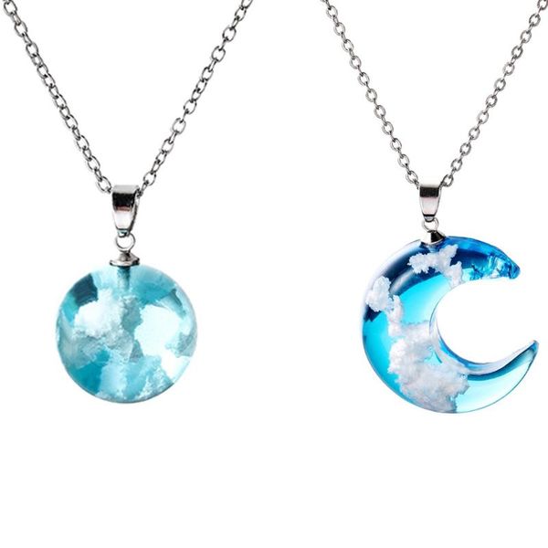 Pendentif Colliers Bleu Ciel Blanc Nuages Résine Boule De Verre Collier Pour Femmes Argent Plaqué Lien Chaîne Partie Bijoux Collares