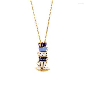 Hangende kettingen blauw witte kleur email theekop theepot longketen ketting ontwerp voor vrouwen sieraden