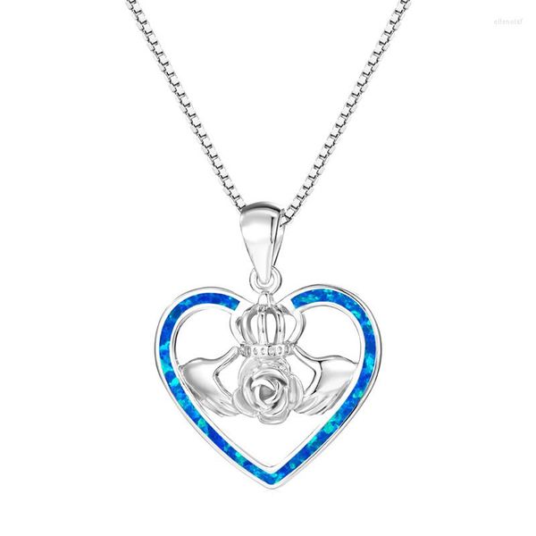 Pendentif Colliers Bleu Blanc Opale Amour Coeur Collier Rose Fleur Couronne Or Couleur Chaîne Pour Femmes Bijoux De Mode