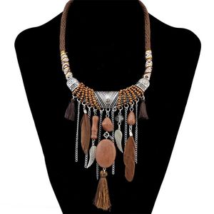 Pendentif Colliers Bohême plume longs glands en cuir colliers ethnique noir marron strass élégant femmes bijoux pendentif collier en gros 240330