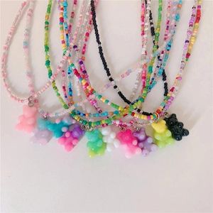 Pendentif Colliers Bohême Coréen Été Coloré Gummy Bear Ras Du Cou Résine Pour Femmes Filles Cadeaux Multicolore Riz Perlé Peal Collier