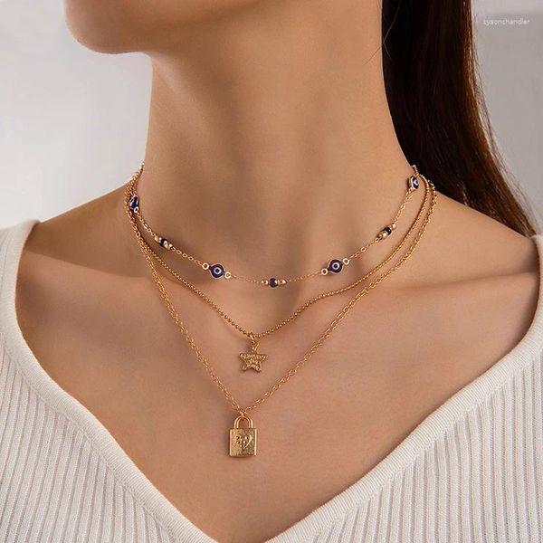 Pendentif Colliers Bohême Lock Star Collier en couches pour femmes Blue Eye Géométrique Alliage Métal Ajustable Bijoux Collier 24609