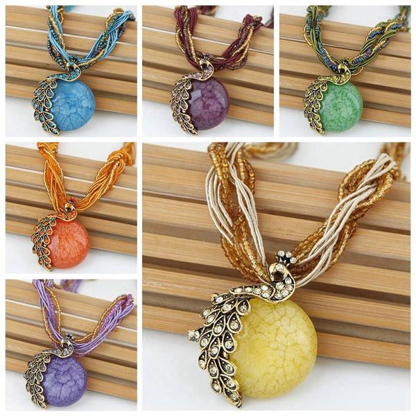 Pendentif Colliers Bohême Collier Crack Paon Multicouche Coloré Pierre Naturelle Perles Chaîne Vintage Bijoux De Mode Pour Les Femmes