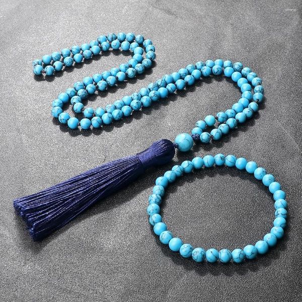 Collares colgantes Bohemio 108 Mala Beads Mujeres Hombres Clásico Azul Turquesa Pulseras Encanto Largo Borla Yoga Energía Joyería Regalos