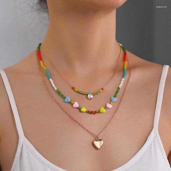 Collares colgantes Collar de acrílico de amor con cuentas bohemias Cuentas de semillas dulces Joyas de arroz de verano multicapa cortas