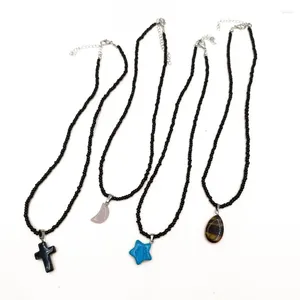 Pendentif Colliers Bohemian Collier de perles Cross Moon Résine Perle Courte Été Perles de riz noir Bijoux