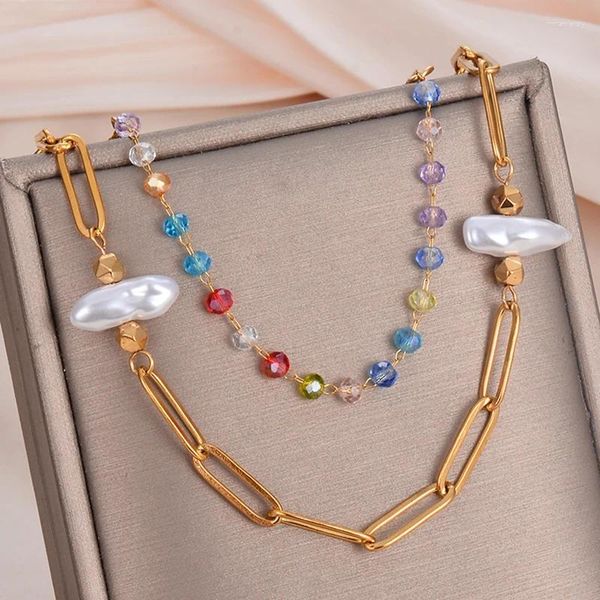 Colliers pendentifs Collier de perles de cristal de couleur bohème pour femmes avec perle irrégulière double couche en acier inoxydable doré en gros