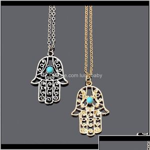 Pendentif Colliers Design Bohème Vintage Bijoux Faits À La Main Simple Vert Pierre Or Sier Couleur Charme Hamsa Main Pour Les Femmes Ras Du Cou Ugfww Dh8Tv