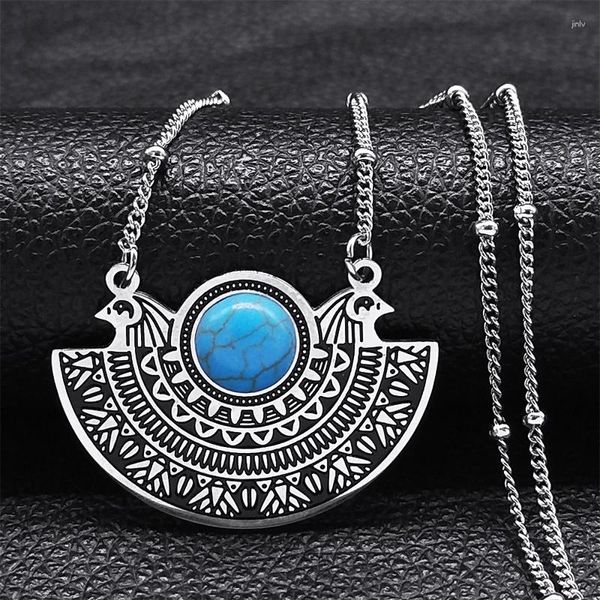 Pendentif Colliers Bohème ethnique Double Phoenix collier pour femmes en acier inoxydable bleu pierre Vintage tour de cou Boho bijoux cadeau N3314S04
