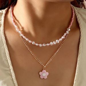 Pendentif Colliers Bohème Rose Fleurs Collier Perle Doux Argile Perles Chaîne Clavicule Femmes Double Couche Ras Du Cou Pour Les Filles Bijoux