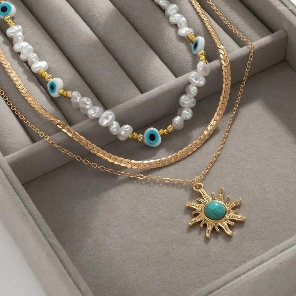 Collares colgantes collar de múltiples capas de estilo bucemio con ojos de girasol exquisitos con cuentas de turquesa retro joyas para mujeres