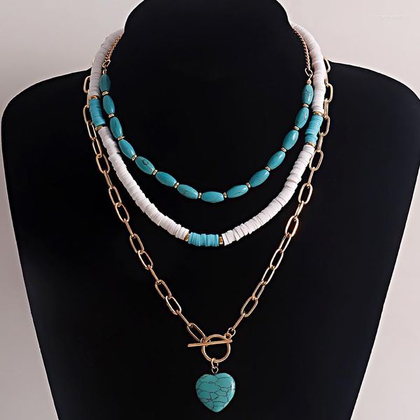 Collares pendientes Collar de estilo bohemio para mujeres Multi-capas Cerámica suave Turquesa Amor Corazón Encantos Cadena de piedra Gargantilla Mujer Min