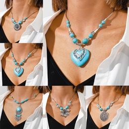 Pendentif Colliers Bohème Turquoise Amour Coeur Collier pour Femmes Filles Style Ethnique Déclaration Fête Bijoux Cadeaux 230831