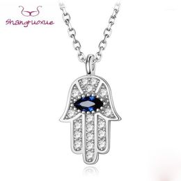 Colliers pendants Boho Blue Eye Real 925 STERLING Silver Zircon Hamsa Hand of Fatima Collier Lady Crystal Jewelry Choker Vintage 3072