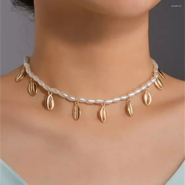 Collares colgantes boho ghoker cadena de perla artificial collar de cáscara de color oro para mujeres regalo de joyería de collar de moda vintage