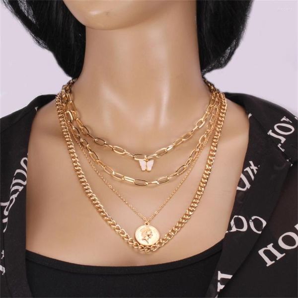 Collares colgantes Boho Moda Cabeza Retrato Moneda Mariposa Collar para Mujeres Vintage Femenino Punk Multicapa Color Oro Cadena Joyería GIF