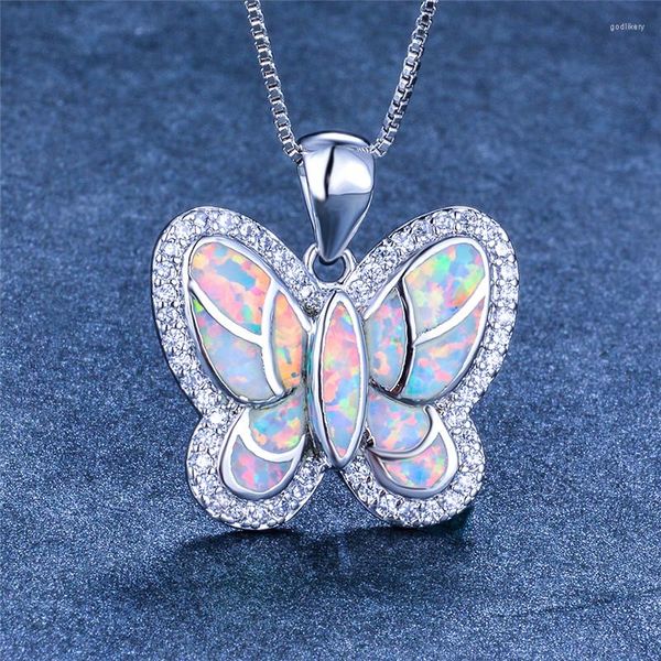 Anhänger Halsketten Boho Weibliche Große Schmetterling Anhänger Nette Schöne Weiß Blau Feuer Opal Halskette Silber Farbe Hochzeit Für Frauen