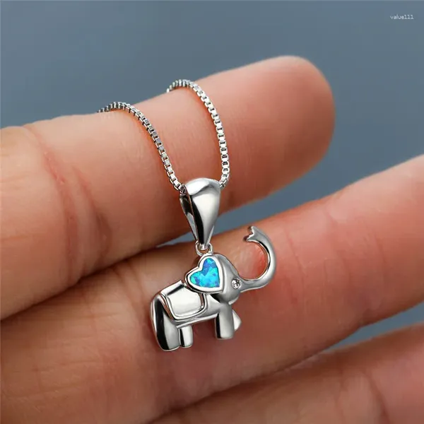 Pendentif Colliers Boho Femelle Bleu Blanc Opal Collier Argent Couleur Chaîne Pour Femmes Charme Mariée Éléphant Coeur Mariage