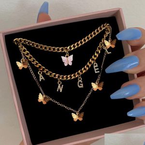 Pendentif Colliers Boho Golden Mtilayer Butterfly Charms Chunky Chain Collier pour femmes Crystal Angel Lettres Pendentifs Nouveau 2021 Juif Dh Otctl