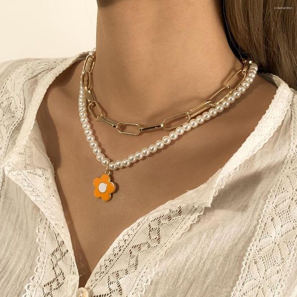 Collares pendientes Boho imitación perla con cuentas flor clavícula collar para mujeres 2023 multicapa Color oro Metal niñas joyería de moda