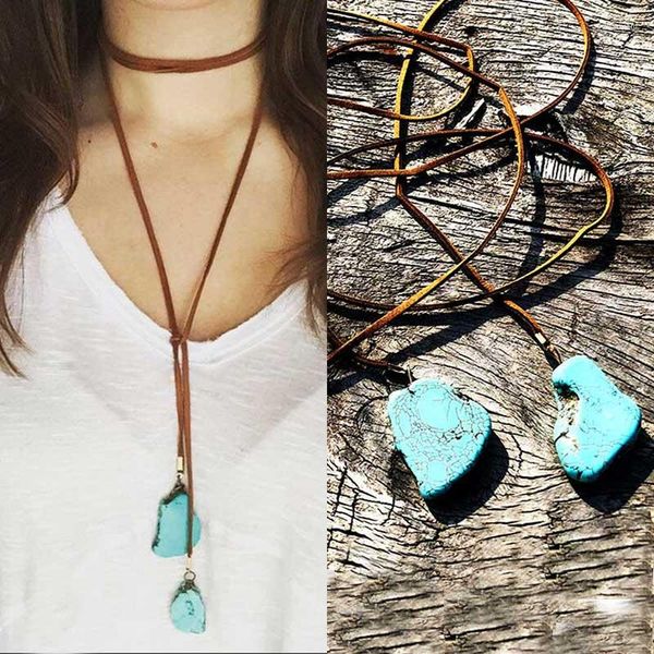 Pendentif Colliers Boho Irrégulière Turquoise Pierre Cuir Corde Collier Perles Naturelles Lariat Long Pour Femmes Fille Calme Guérison Bijoux