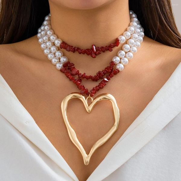 Collares colgantes Boho Multi-capa Irregular Piedra Imitación Perla Cadena Collar Gótico Gran Corazón En forma de joyería de fiesta de las mujeres
