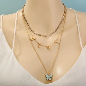 Pendentif Colliers Boho multi-niveaux ras du cou Vintage chaîne collier pour femmes mode collier plaqué or cristal lettre bébé papillon bijoux
