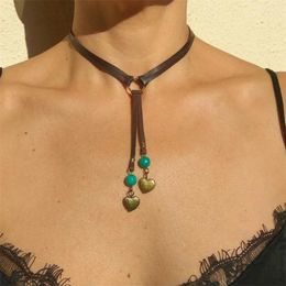 Pendentif Colliers Boho Collier Vintage Brown Velvet Couker Double Coeurs Et Perles Vertes Bijoux Cadeaux Pour Femmes Maman