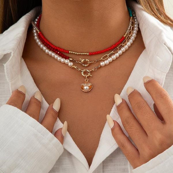 Collares colgantes, gargantilla corta con cuentas de semillas de perlas bohemias para mujer, cadena con cuentas en capas de moda 2022 con colgante de joyería para el cuello