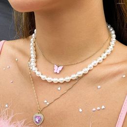 Collares pendientes Boho Rosa mariposa cristal melocotón corazón collar 2023 múltiples capas dulce imitación perla chica boda joyería de moda