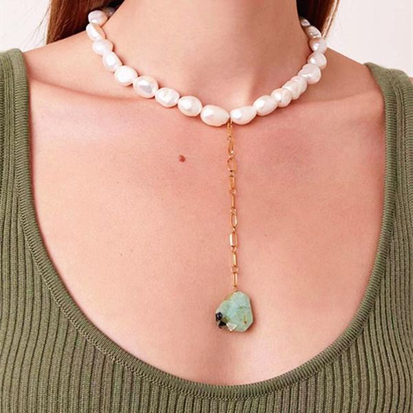 Collares colgantes Boho Quince de Moda 2021 Venta al por mayor Vintage Eterno Natural Natural Pearl Necklace Piedra Verde