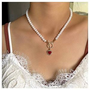 Hanger Kettingen Boho Rood Hart Ketting Ketting Vintage Parel Choker CZ Toggle Sluiting Vrouwen En Meisjes Sieraden