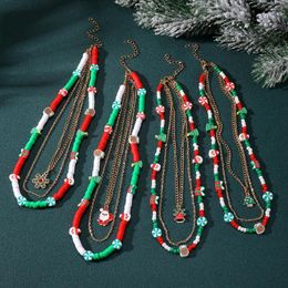Collares colgantes Boho Arcilla suave Collar de pieza redonda Lindo Metal Árbol de Navidad Copo de nieve Multi-capa Mujer