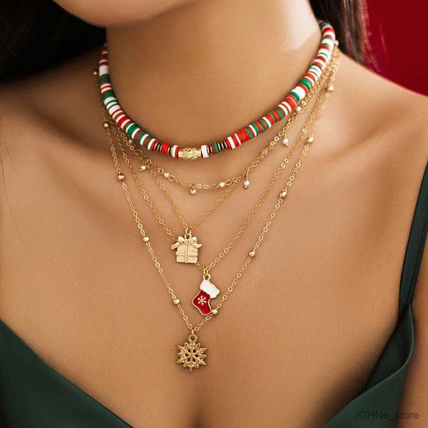 Collares colgantes Boho Collar de pieza redonda de arcilla suave Lindo metal Árbol de Navidad Copo de nieve Colgante Collar multicapa Joyería de Navidad para mujer R231130